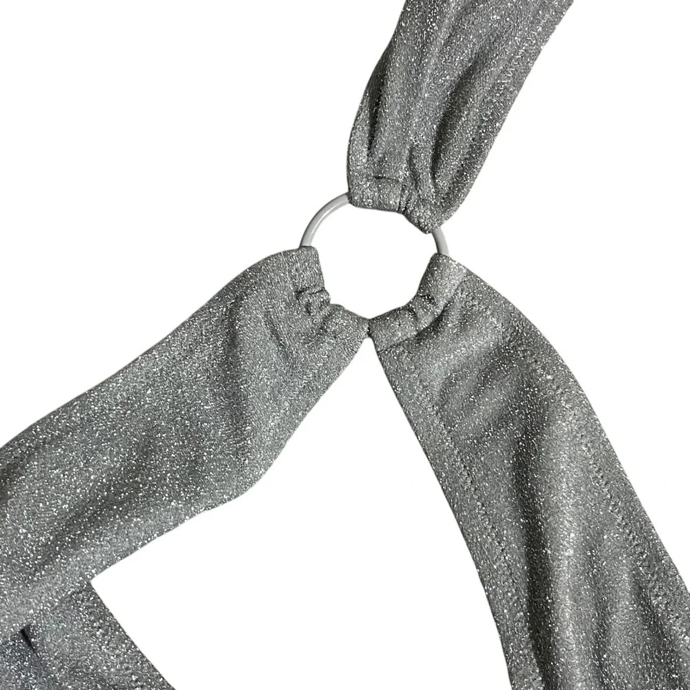 SKIMS Silver Sparkle Cut Out Monokini‎ Swim One Piece Metallic Ring Detail 4X